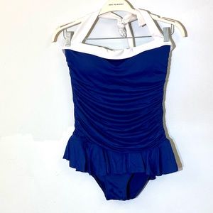 LAUREN RALPH LAUREN swim suit one piece blue white size 14 reinforced bustier